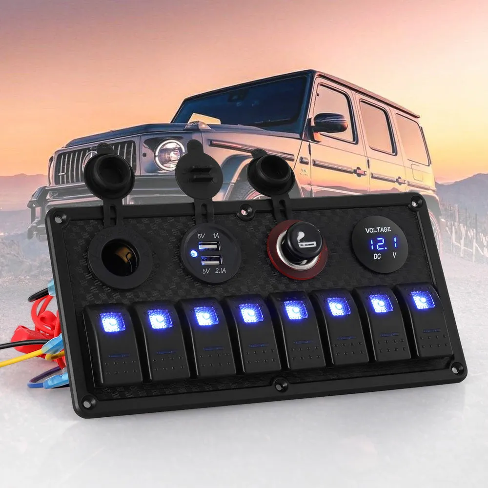 8 Gang 12V Blue LED Rocker Switch Panel with USB Charger - Giantz