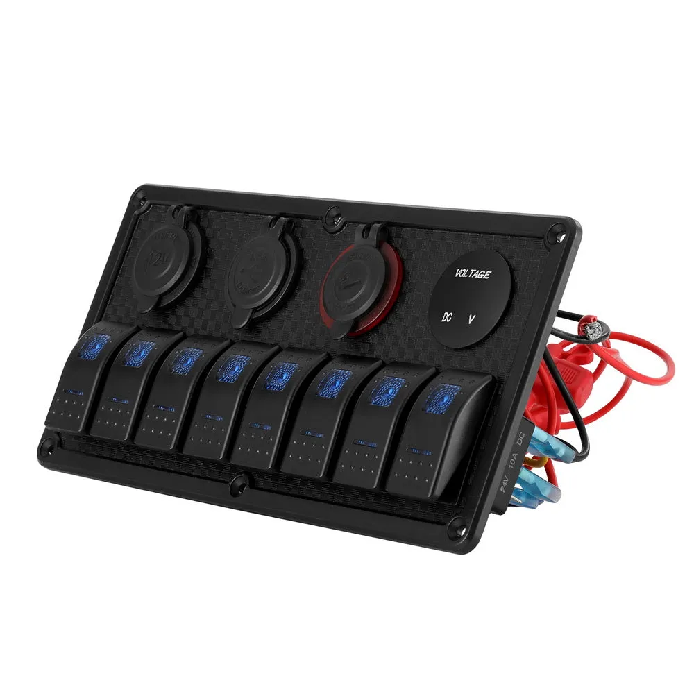 8 Gang 12V Blue LED Rocker Switch Panel with USB Charger - Giantz