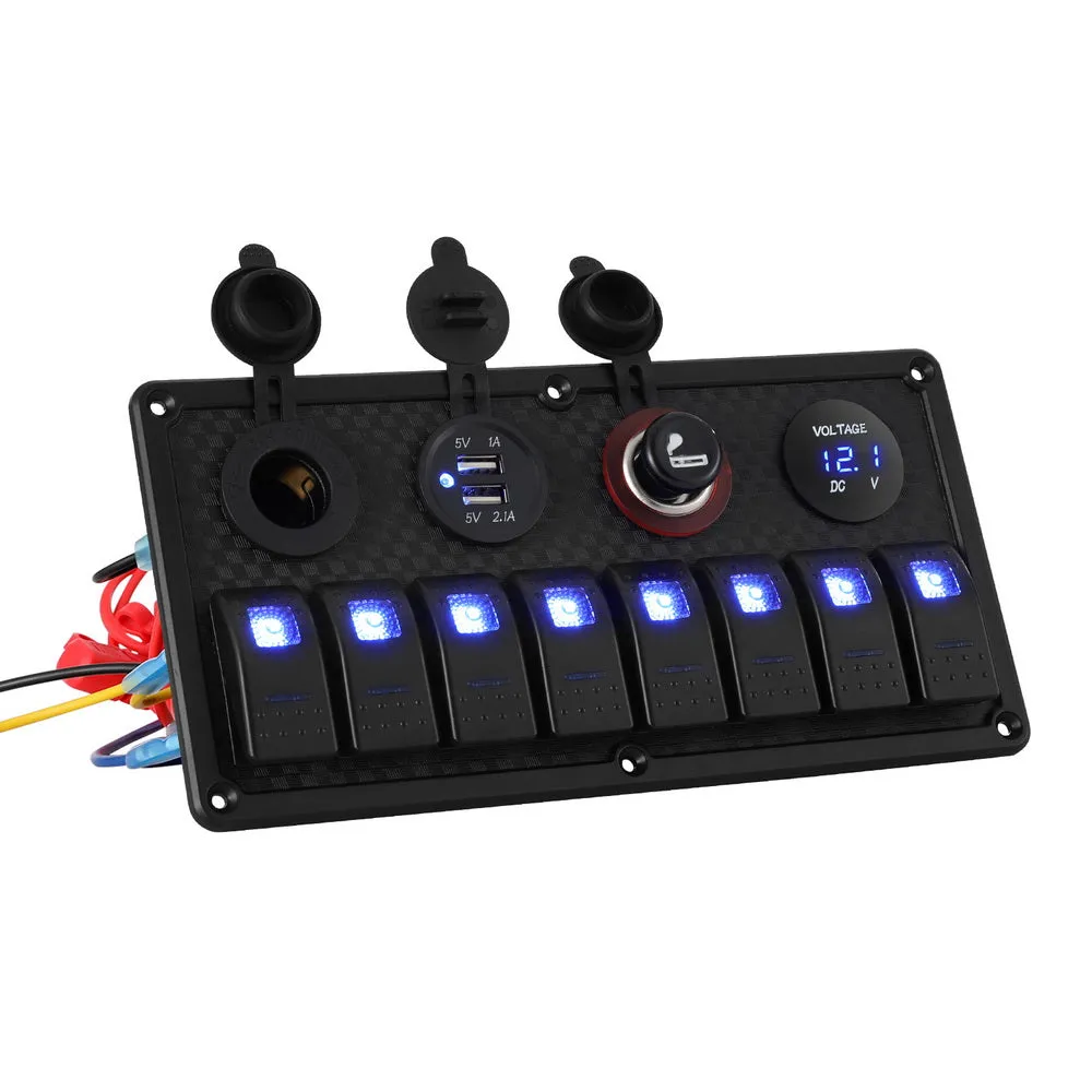 8 Gang 12V Blue LED Rocker Switch Panel with USB Charger - Giantz