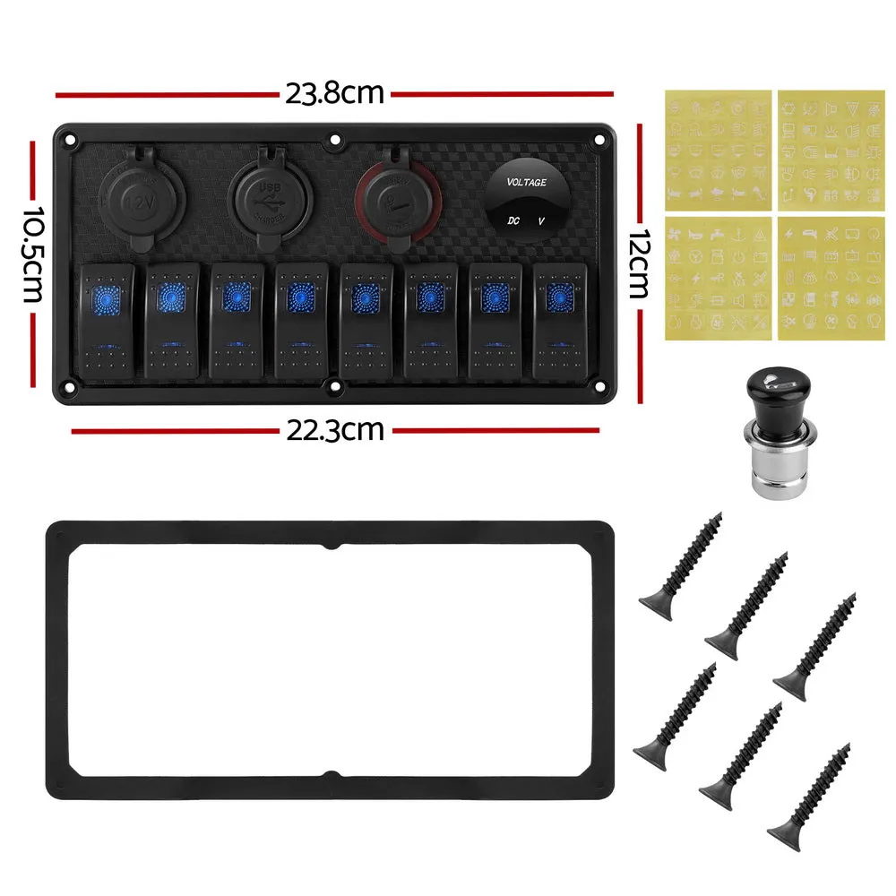 8 Gang 12V Blue LED Rocker Switch Panel with USB Charger - Giantz