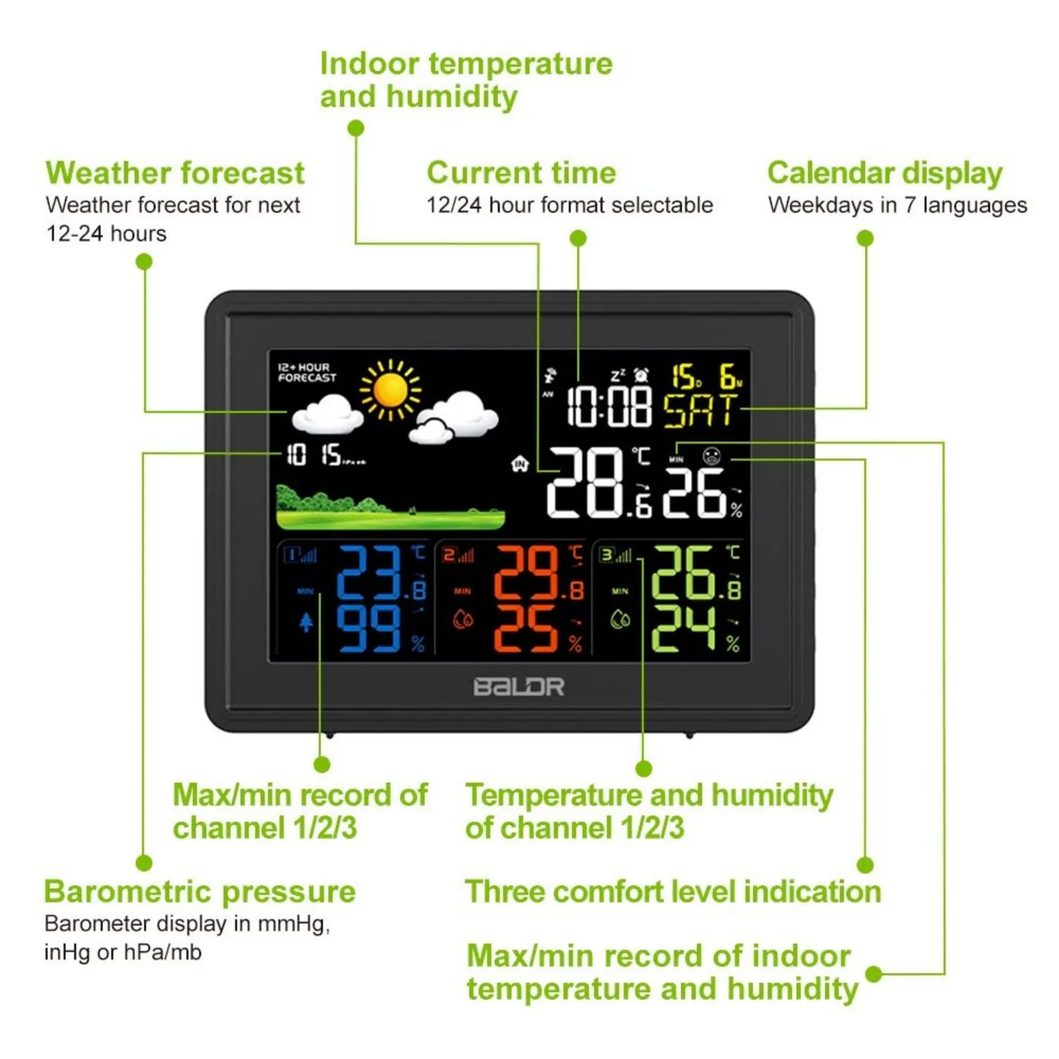 BALDR LCD Weather Station With 3 Outdoor Sensors