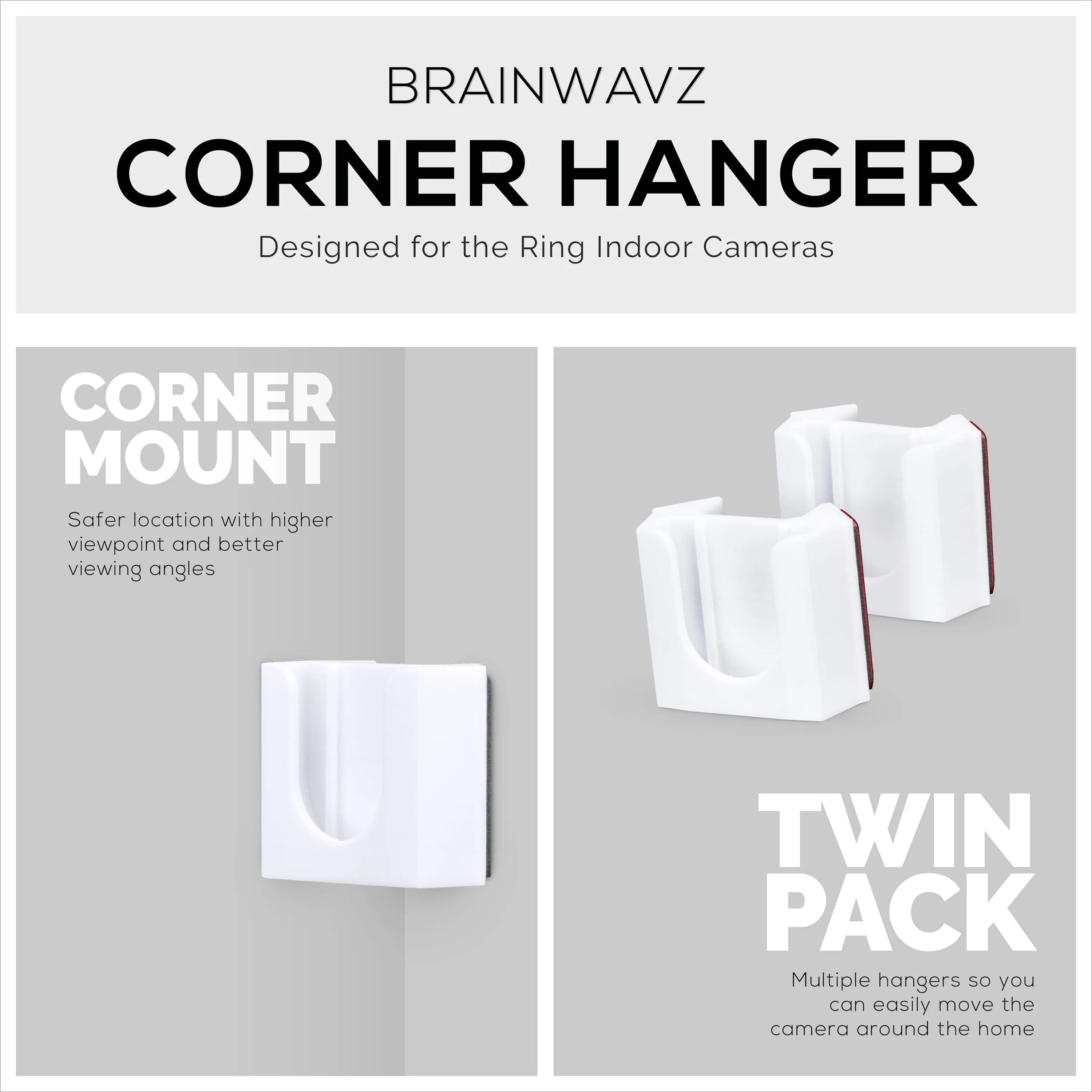 Corner Wall Mount For Ring Indoor (2 Pack) Security Camera - Adhesive Holder, No Hassle Bracket, Strong 3M VHB Tape, No Screws, No Mess Install