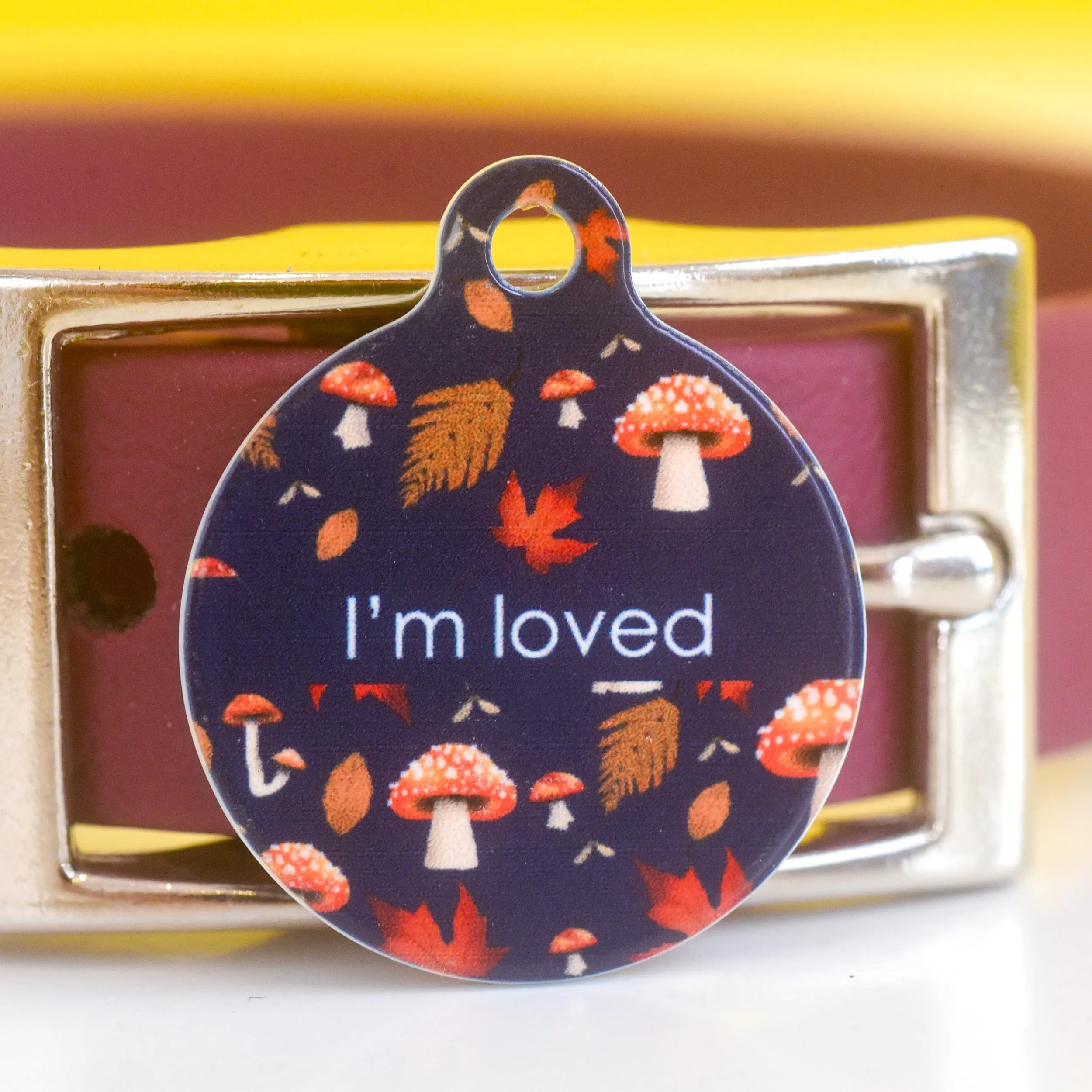 Dog Tag Personalised - Autumn Mushrooms Blue