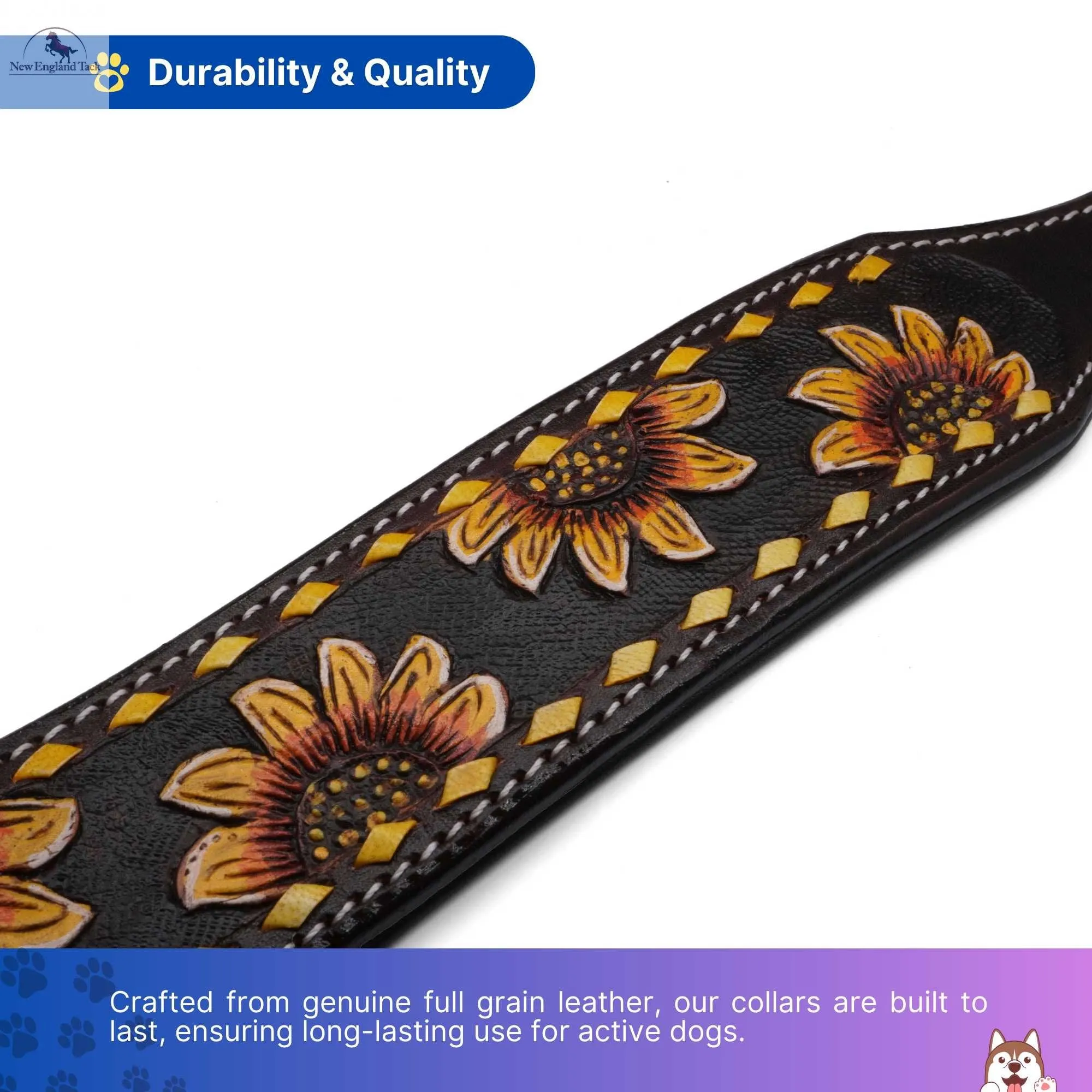 Handcrafted Argentinian Leather Dog Collar with Floral Tooling - Premium Quality