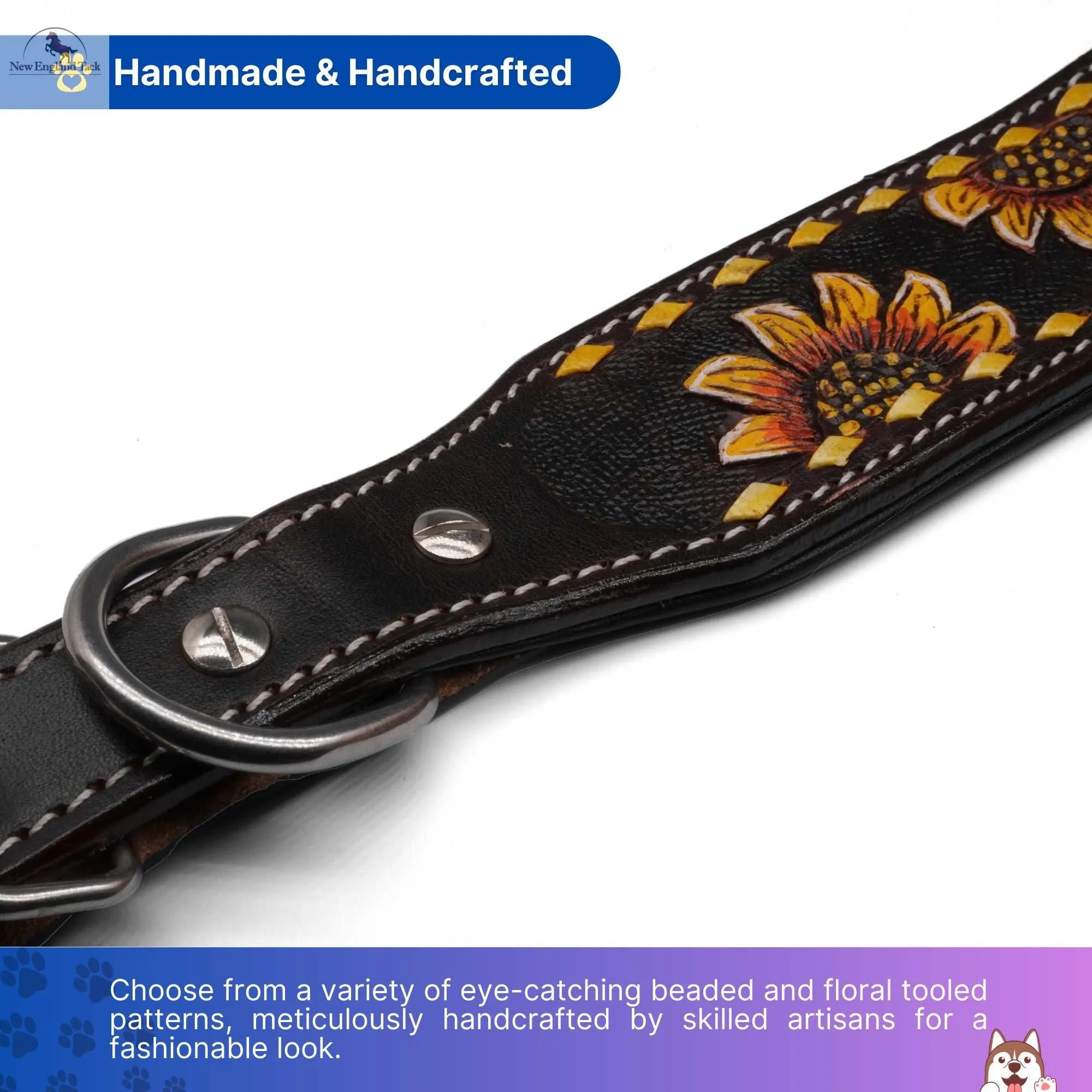 Handcrafted Argentinian Leather Dog Collar with Floral Tooling - Premium Quality