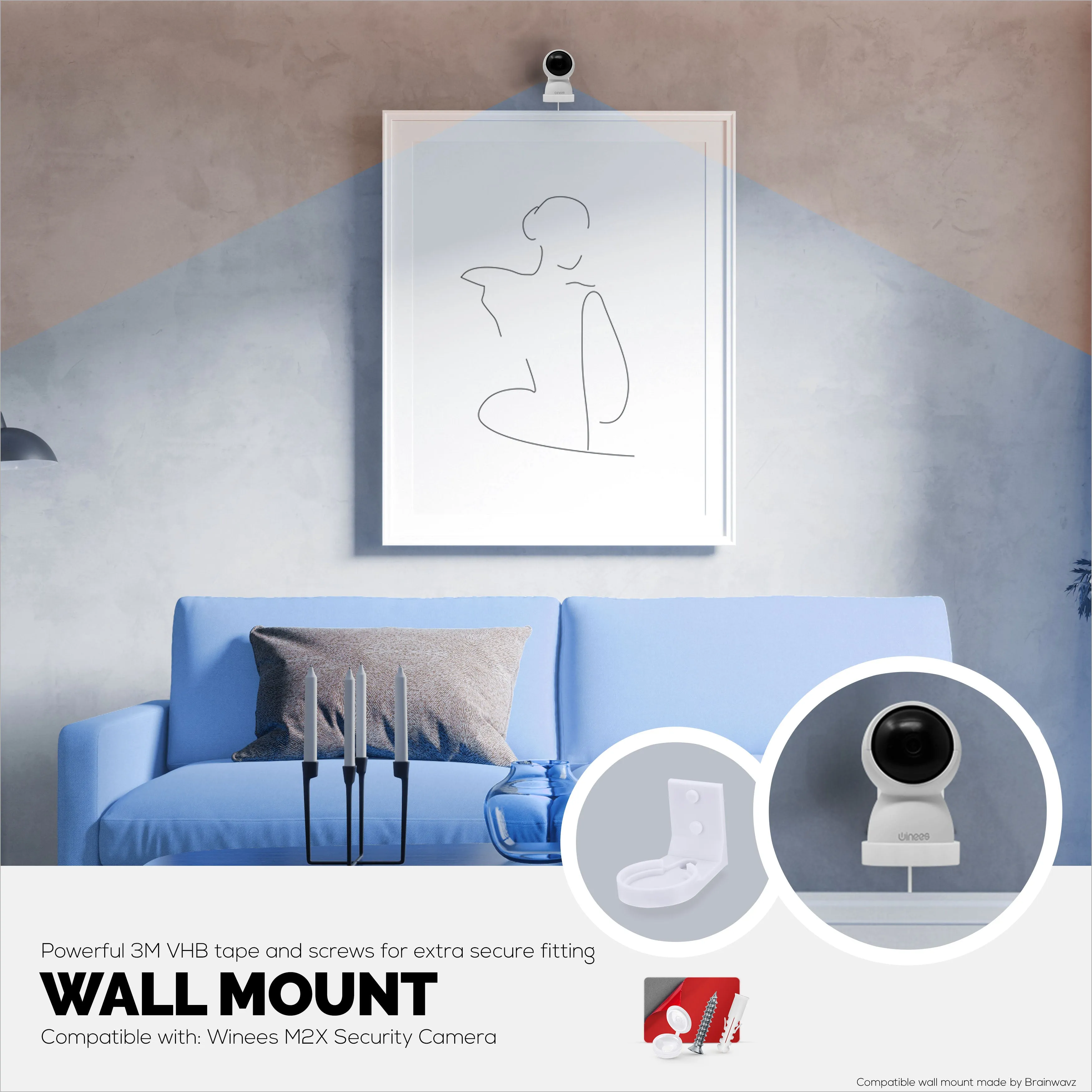 Screwless Wall Mount For Winees M2X Indoor Security Camera - Strong VHB Stick On Adhesive, Easy To Install, No Mess, Reduce Blind Spots & Better Viewing, Bracket Holder Shelf